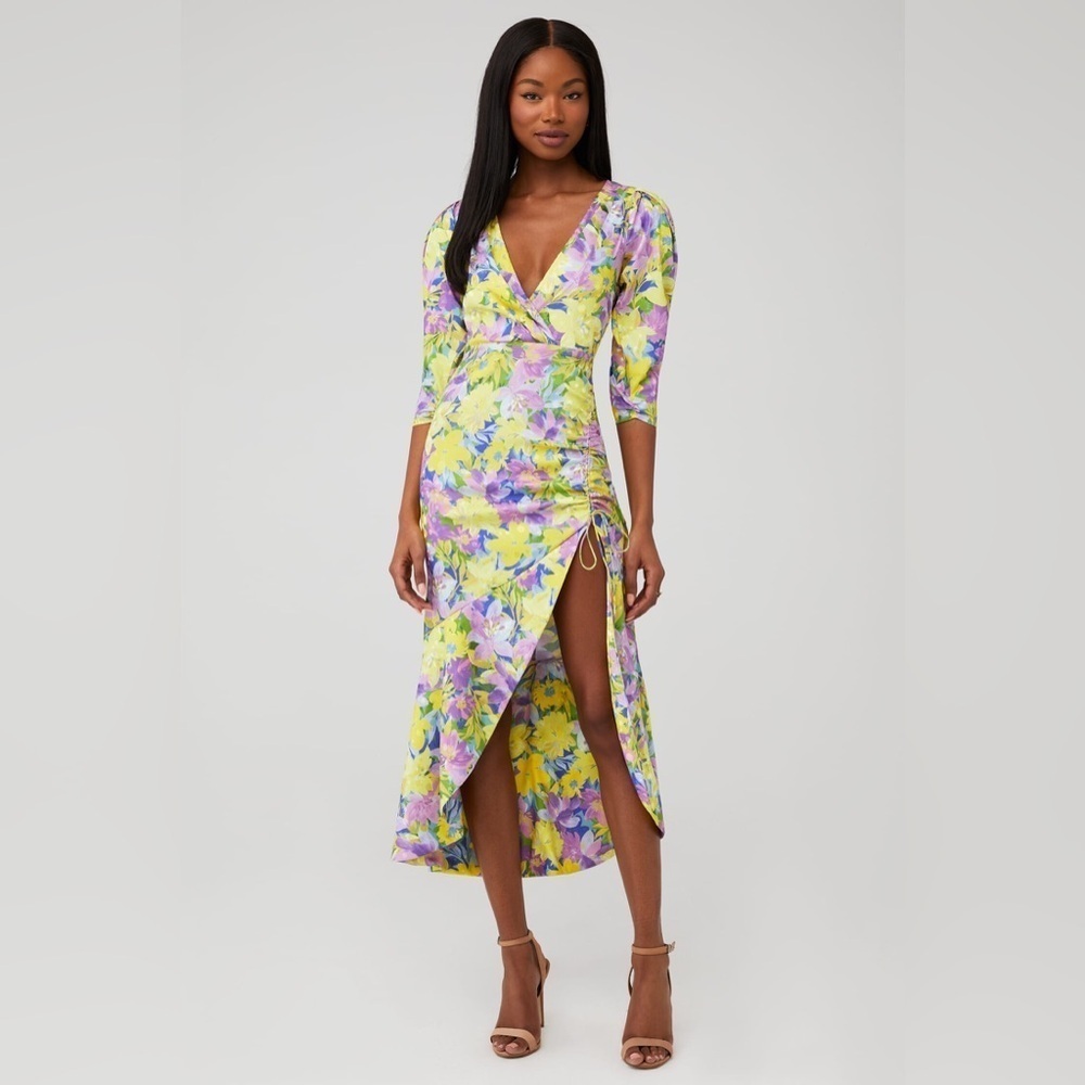 For Love and Lemons Cassia Midi Dress in Lemon Floral Size 2X 3/4 Sleeve V-Neck